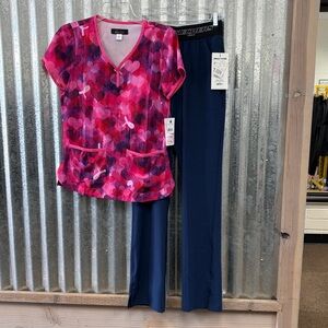 Women’s Scrub Set-Print Top-Navy Pants-XS top/XS Tall Length Pant